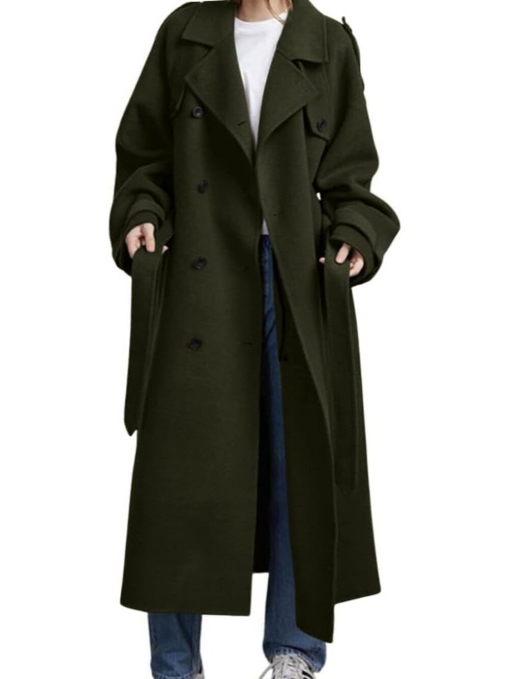 Women's Green Notch Collar Long Sleeve Winter Double Breasted Wool Trench Coat